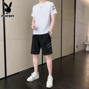 Playboy Ice Silk Sports Set Mens Short Sleeve T-Shirt Summer New Fashion Match Short Pants Casual One Piece Youth Nylon Spandex