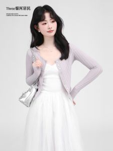 Bộ Váy Lưới Ren Trắng Kiểu Pháp Three Galaxy Residents Cho Nữ Áo Len Cardigan Dệt Kim Không Dây Váy Chữ a Mùa Xuân Thu