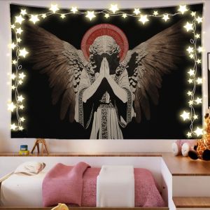 VIKAMA Retro Angel Tapestry Black And Red Color Block Wall Decoration Bedroom Living Room Dormitory Instagram Style Tapestry