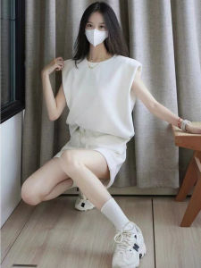 ชุดกีฬาผ้าฝ้ายบริสุทธิ์สําหรับผู้หญิงฤดูร้อนหลวมแฟชั่นอายุลดแขนยาวกางเกงขาสั้นด้านบนสบายๆชุดสองชิ้น