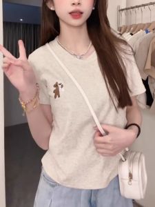 เสื้อยืดคอกลมแขนสั้นผ้าฝ้ายลายการ์ตูนสไตล์อเมริกันสำหรับผู้หญิงในช่วงฤดูร้อน เสื้อแขนสั้นทรงเข้ารูปเอวสูง ทรงเข้ารูป ทรงเข้ารูป