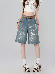 QIANCHANGNAAI | Retro Kitty Graffiti High Waist Loose Straight Denim Shorts