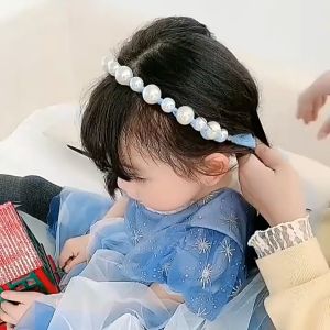 BW-C935 Bandana Mutiara Pita Tulle Panjang Bisa diikat Wanita Korea / Bando Mutiara Tali Kepang Ribbon Pearl / Bando Anak Perempuan / Bando Tali Kepang Import