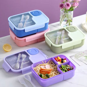 Bento Lunch Box Kids Lunch Box Microwaveable Bento Box with Tableware Kawaii Heated 3 Grid Sandwich Snack Food Box Food Storage