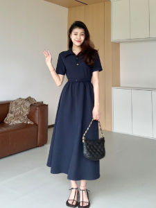 Elegant Blue Polo Neck Dress Slimming A-Line Short Skirt Summer Fashion Korean Style Polyester Fiber Confidence Girl Brand