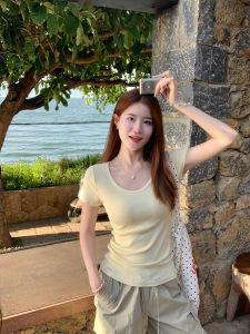 Summer Slim Fit Cotton T-Shirt Womens Purple Short Sleeve U-Neck Casual Breathable Sweat Absorbent Regular Length Top