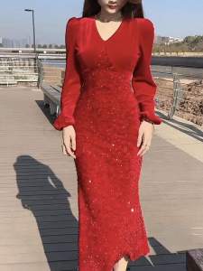 Elegant Velvet Sequin Patchwork Slim Fit Fish Tail Dress V Neck Spring 2024 Fashion Womens Dress Long Sleeve a Line Skirt