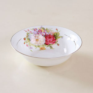 Jiande Bone China Large 9-Inch Soup Bowl Ceramic Deep Dish Salad Bowl Gold Rimmed Dinnerware Facial Bowl Peony Flower Pattern