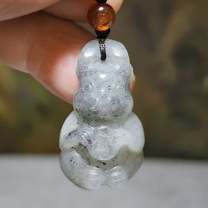 Premium natural Nephrite Qinghua (black & white) 3 dimensional Rabbit Copper Coin Jade pendant (with certificate) 和田玉新疆青花(黑白)立体兔子铜钱吊坠(带证书)