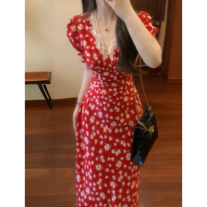 Váy Dài Tay Bồng Cổ Chữ V Họa Tiết Hoa Kiểu Pháp Váy Mùa Hè Thường Ngày Cho Nữ Váy Dài Đến Giữa Bắp Chân