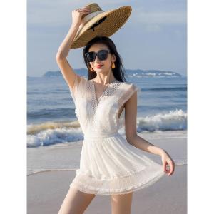 Conservative Hot Spring Swimsuit Women Pure Desire Style plus Size Cover up Slimming One Piece Swimwear Casual Solid Color