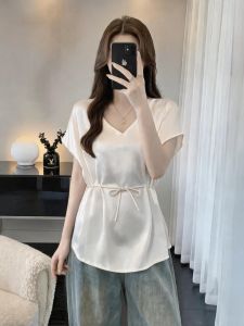 Áo Blouse Vải Satin Acetic Cổ V Dây Kéo Dài