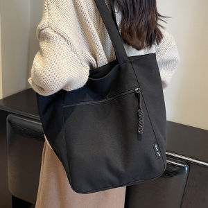 Trendy Large Capacity Canvas Tote Bag Womens Shoulder Bag Autumn Fashion High Quality All-Match Casual Pure Color Zipper Closure