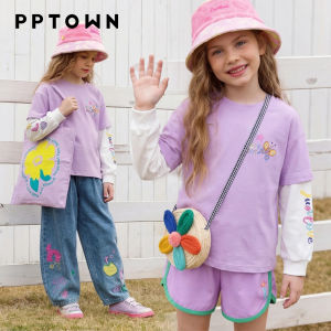 PPTOWN | Girls Long-Sleeved Crew Neck Printed Lightweight Fake Two-Piece Top Spring