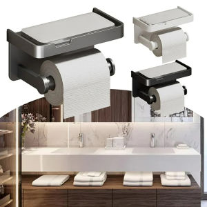 Space Aluminum Toilet Paper Holder with Bathroom Shelf No Drill Toilet Roll Holder Wall Mount Self-Adhesive Storage Rack