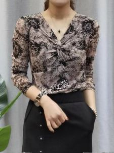 Fashionable Long Sleeve V-Neck Womens Top Knot Design Slim Fit Elastic Leopard Print Workwear Style Regular Length Shirt