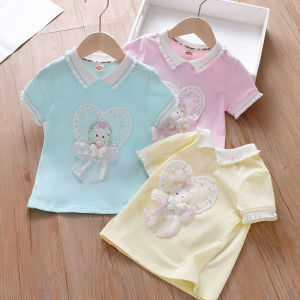 Girls Cotton Short Sleeve T-Shirt Cartoon Rabbit Print Casual Loose Fit Summer Kids Clothing Pure Cotton Sweat Absorbent round Neck