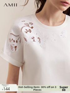 AMII | Leisure Loose Off-Shoulder Flap Short Sleeve Round Neck Lace T-Shirt