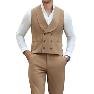 Mens Khaki Double Breasted 2 Piece Suit Vest And Trousers Set V Neck Regular Fit Wedding Business Gentleman Outfit