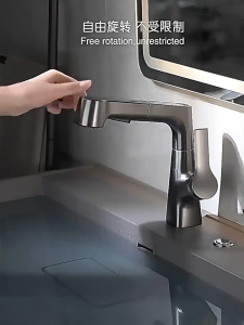 Luxury Gun Gray Bathroom Bathtub Faucet Pull-out Lift Faucet 360 Degree Rotating Washbasin Faucet