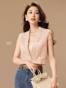 Stylish Woolen Deep V-neck Striped Garbociaga Womens Vest Layering Fashionable Commute Spring 2024 Short Length One Button