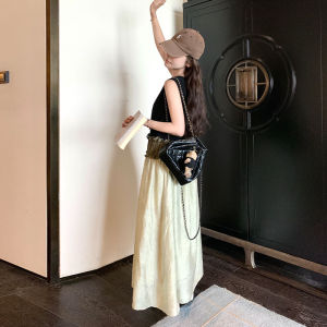 Green Splice Sleeveless Vest Dress Womens Summer Special High-End French Style Casual Dress Natural Waist Polyester Fiber