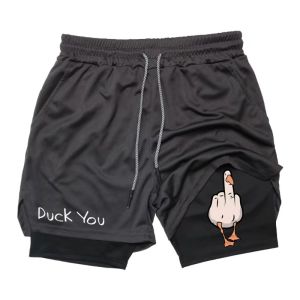 Cartoon Duck Layer Letter Print Mens Shorts Casual Summer Double Quick Drying Pants Fitness Gym Tracksuit Beach Jogging Short