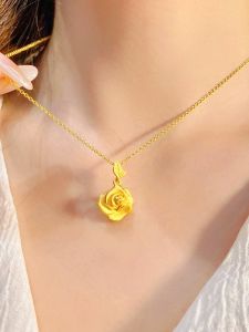 New 18K Gold Rose Flower Necklace for Women Romantic Vintage Yellow Gold 999 Flower Pendant Lockbone Chain Girlfriend Gift