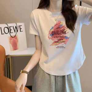 White Short Sleeve T-Shirt Womens Slim Fit Summer Fashionable Versatile Top Korean Style Commute Cotton round Neck Print