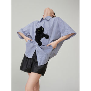 XIAODADEHUA | Cat Embroidery Short Sleeve Shirt Female