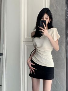 Black Bodycon Short Skirt Shoulder Bared Top Womens Fashion Set Korean Design Summer New Style Pure Desire Trendy Polyester