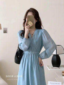 Elegant Blue Chiffon Long Sleeve Dress Slimming Midi Skirt Korean Style V-neck High Waist Zipper Closure A-line Silhouette