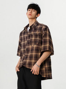 Retro Street Plaid Short-sleeved Shirt Men and Women Summer Short-sleeved Polo Shirt Loose Casual Shirt Jacket