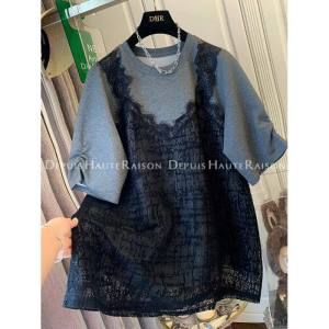 PAZHAOLANG | Loose Lace Vest Layered Effect Faux Two-piece T-shirt