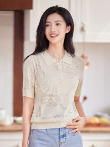 WANGGONGZHU | Princess Style Ice Silk Polo Neck Knitted Top Hollow Out Thin Short Sleeve Summer Fashion Design Womens Regular Fit Shirt
