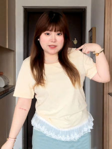 plus Size Korean Style Ballet Flounce Sleeveless Top Inner Wear Lace Trim Short Sleeve Regular Shoulder T-Shirt Womens Fashion