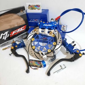 Paketan Hemat Handle Master Rem Gold Series 1Set+ Piringan Cakram 220mm+ Kaliper Monoblok 4Piston 4P+ Breket 4P 220mm+ Baut Probolt Gold Honda + Selang Rem Carbon Depan 95cm Pnp Matic Honda Vario 110 125 150 Old/ Vario 160 Cbs/ Beat/ Genio/ Scoopy/ Spacy