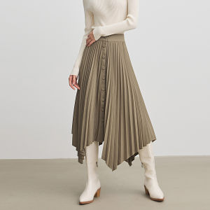 French Kaki Color Asymmetrical Pleated Midi Skirt for Women High Waist A-Line Long Skirts Commute Simple Style Autumn Season
