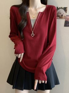 Ankela Red Half Zipper V Neck Shoulder Long Sleeves T-shirt Womens Autumn Plus Size Plus Size Ladies Asymmetrical Bottoming Shirt Inner Wear Blouse
