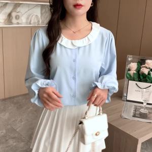 AMMIN 2025 Spring and Autumn new sweet peplum round neck long sleeve single breasted shirt for women Korean style flared sleeves commuter elegant blouse
