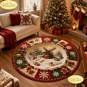 VIKAMA Christmas Round Rug Santa Reindeer Winter Town Night Area Rug Living Room Holiday Home Decor Aesthetic Art Large Premium