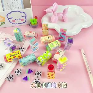 12pcs/set Cute Pencil Eraser Animal Dinosaur Ball Funny Fruit Eraser Desk Pet Eraser School Supplies Prizes Gifts Party Gifts