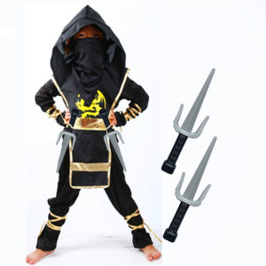 ชุดนินจาฮาโลวีนสำหรับเด็กคอสเพลย์การ์ตูนญี่ปุ่นเสื้อผ้านักฆ่านักรบชายสีทองสีดำ