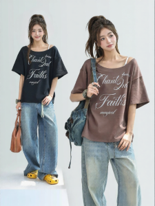 CHANT2nd | Letter Print Off-Shoulder Slim Fit Loose T-Shirt