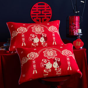 Wedding Couple Cotton Pillowcases Chinese Style Red Embroidered Characters New Home Cotton Fabric Single Person Pillow Use