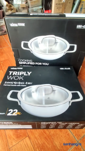 Nồi lẩu Inox 304 đúc liền 3 lớp 2 quai Kimscook Uni-Clad size 22cm/ 26cm vung kính chuẩn Hàn Quốc