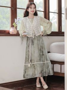 New Chinese Style Three-Piece Set with Tassel Trim Shirt And Flared Sleeve Skirt for Girls Autumn Fashion Ensemble