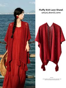 WEIAI | Ethnic Red Lace Knit Shawl for Travel