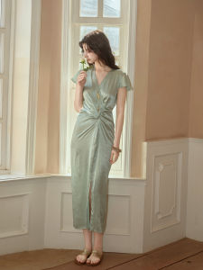 Artistic Art Acid Satin Slimming Dress with High Waist And V-Neck Short Sleeve Long Dress Regular Sleeve Commute Style