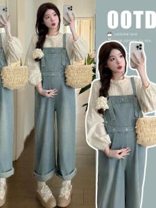 Blue Denim Overalls Womens Spring Summer Small Flowers Embroidery Salt And Sweet Style High Waist Long Pants Denim Jeans